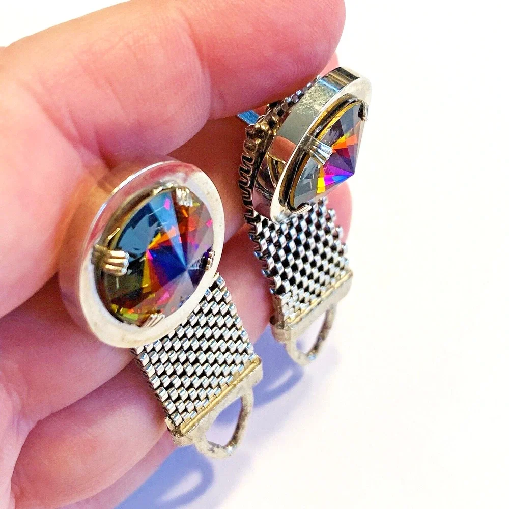 Vintage Mid Century Cufflinks Chunky Silvertone Mesh Wrap Watermelon Stones